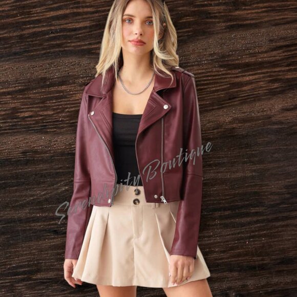 Get Your Motor Running Bold Bright Burgundy Sangria Soft Vegan Leather Zip Up - Picture 1 of 9